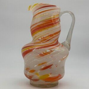 Vintage Italian Blown Glass Pitcher in the Manner of Murano, Orange, Red, Yellow